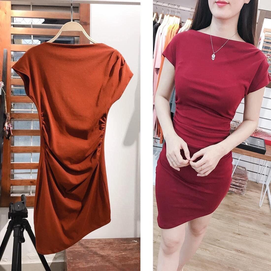 F567 Đầm ôm body trễ 1 bên vai, vạt xéo, nhúng eo