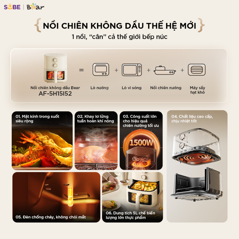 Nồi Chiên Không Dầu 5L Bear QZG-H15U8 (AF-5H15Y37) - Hàng Chính Hãng