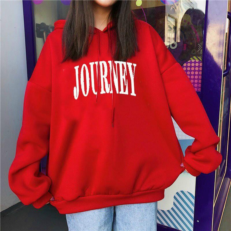 ÁO KHOÁC NỈ HOODIES FORM RỘNG CÓ MŨ HOẠ TIẾT CHỮ JOURNEY MÀU DỎ CỰC ĐẸP , BAO HOT CHO CÁC BẠN TRẺ