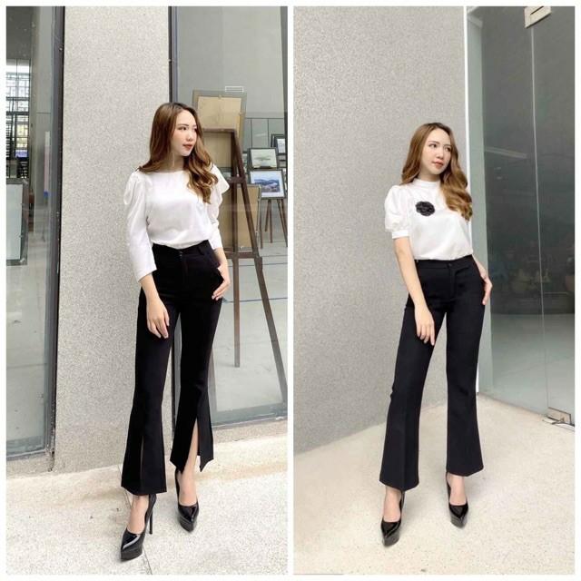 Quần tây lưng cao công sở ống loe- màu đen