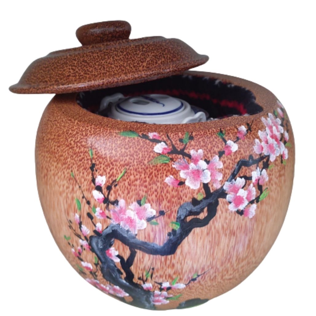Bình Trà Gỗ Dừa Gọn Đẹp Hoa Văn Hoa Mai, Hoa Đào, Hoa Sen Và Bình Trà 700 - 950ml  - Sản Phẩm Được Sản Xuất Tại Bến Tre