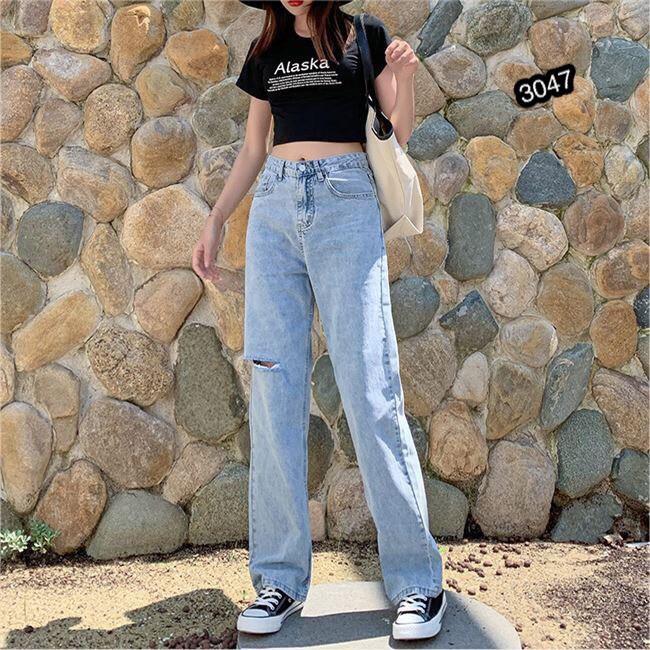 QUẦN JEAN DÀI ỐNG RỘNG LƯNG CAO RÁCH - QUẦN BÒ NỮ CULOTTES SUÔNG N - T 36