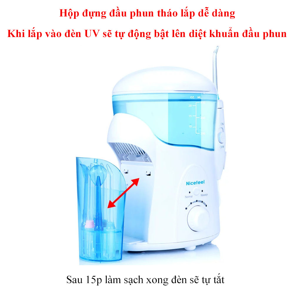 Máy tăm nước gia đình Nicefeel FC288 chính hãng, có chức năng massage, có hộp khử trùng đầu phun bằng tia UV, áp lực nước 30~125psi