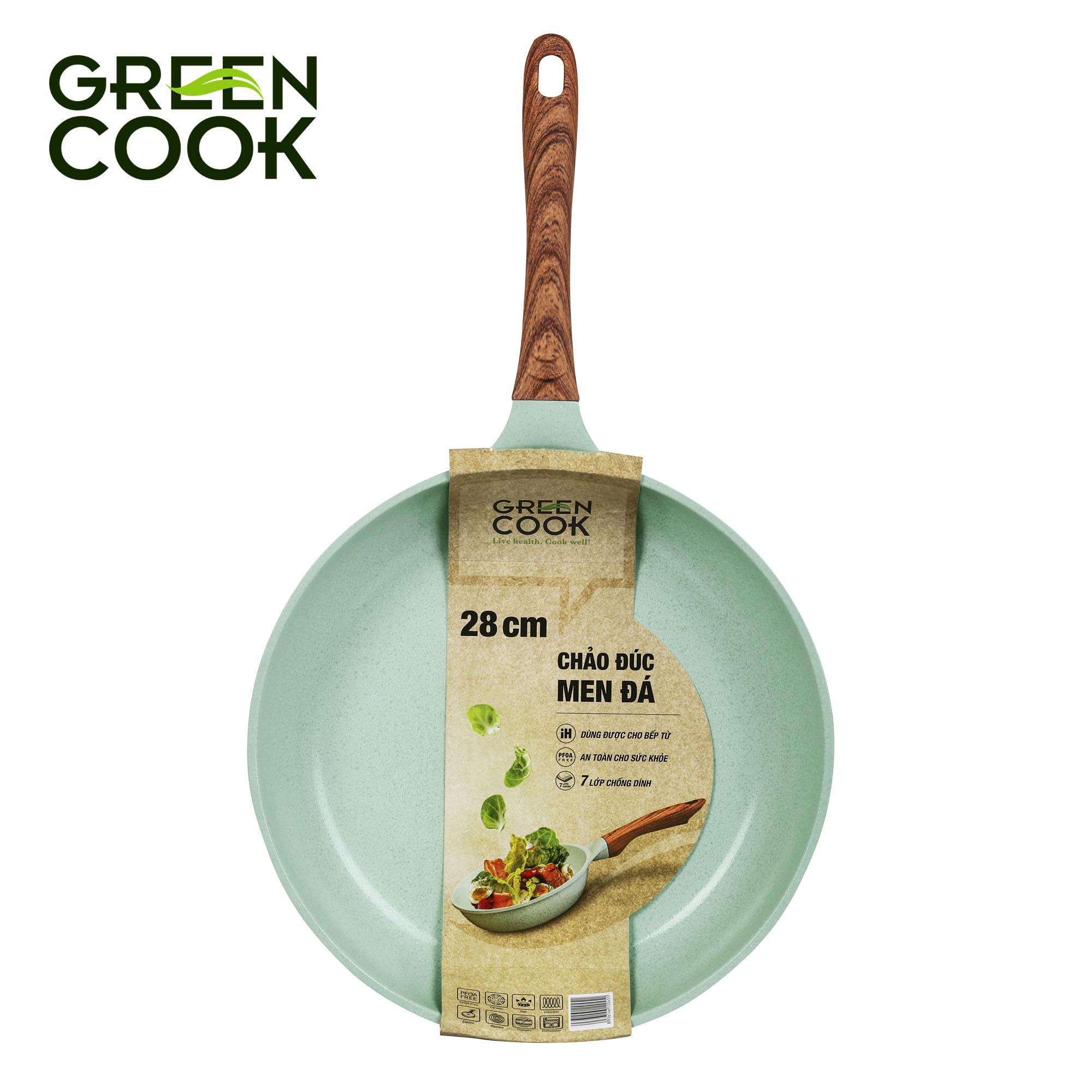 Chảo đúc đáy từ chống dính men đá ceramic xanh ngọc 28 cm Green Cook GCP06-28IH công nghệ Hàn Quốc - Hàng chính hãng