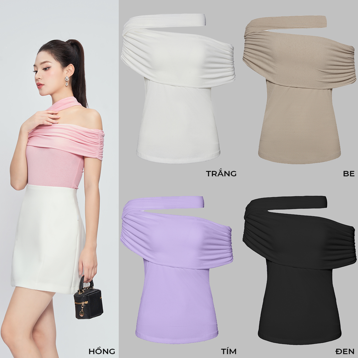Áo Thun Kiểu Trễ Vai Cổ Lệch Dáng Ôm Chất Vải Co Giãn Mềm Mịn 93TNC2001OT