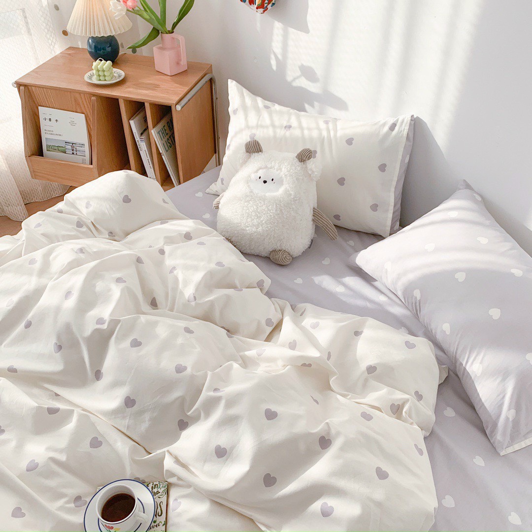 Bộ chăn chần ga gối cotton sử dụng 2 mặt LIDACO SP001450 - Tim xám trắng