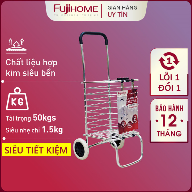 Xe kéo đi chợ gấp gọn 2 bánh Nhật Bản Fujihome 50kg, xe đẩy hàng có túi giỏ làn đi chợ gấp gọn nhẹ inox mini siêu thị market trolley