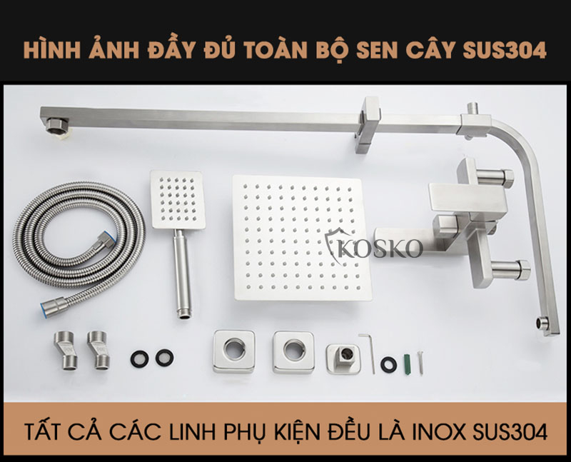 Sen cây tắm đứng nóng lạnh inox 304 KOSKO , sen tắm nóng lạnh vuông