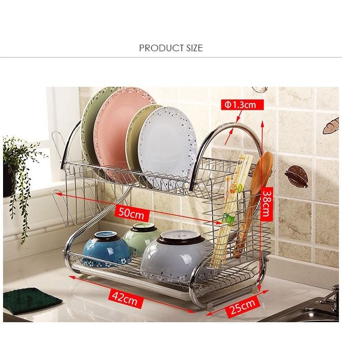 Kệ giá úp bát và đĩa 2 tầng di động chất liệu inox có khay hứng nước