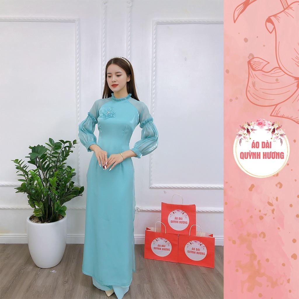 Áo dài xanh voan tơ Tay chun bồng cách điệu