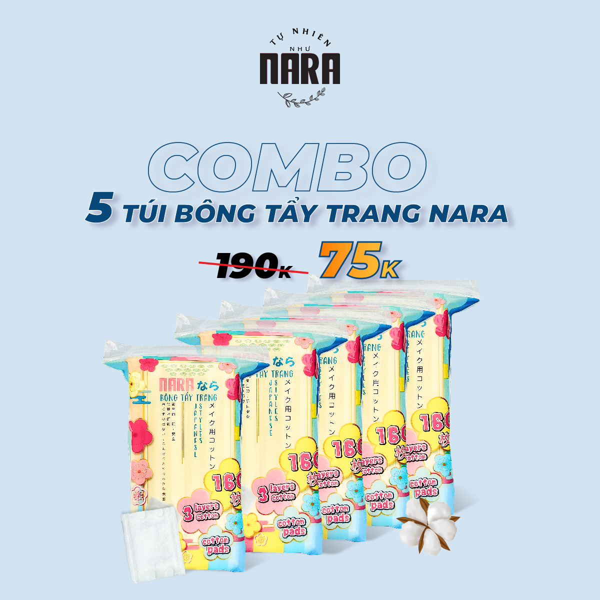 COMBO 5 bịch bông tẩy trang Nara 800 miếng