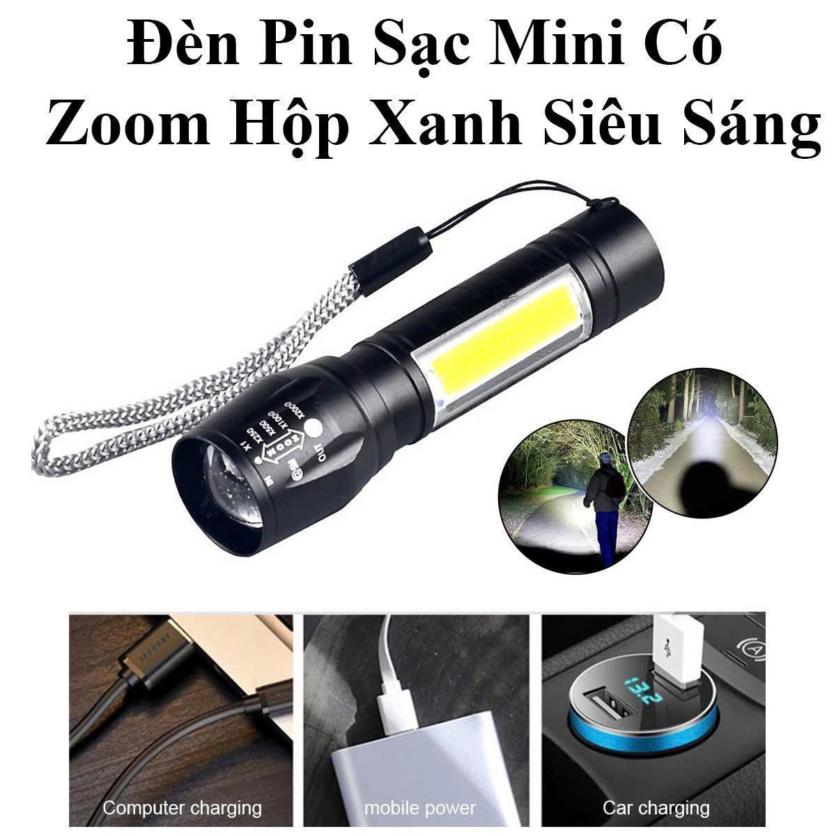 Đèn Pin Sạc Mini Có Zoom Hộp Xanh Xpe+Cob Light Siêu Sáng