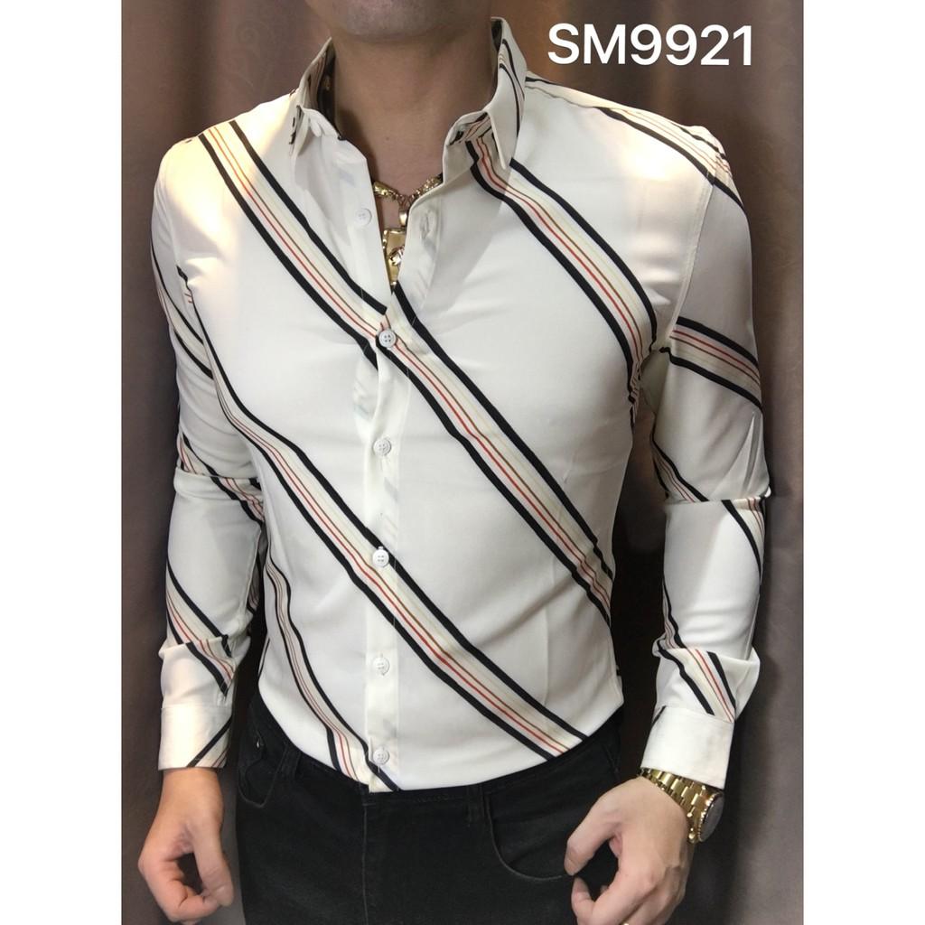 ÁO SƠ MI Nam Sọc chéo trắng đen 9921,chất liệu vãi thoáng mát,vãi không nhăn,vãi chống thấm mồ hôi,form body sang trọng