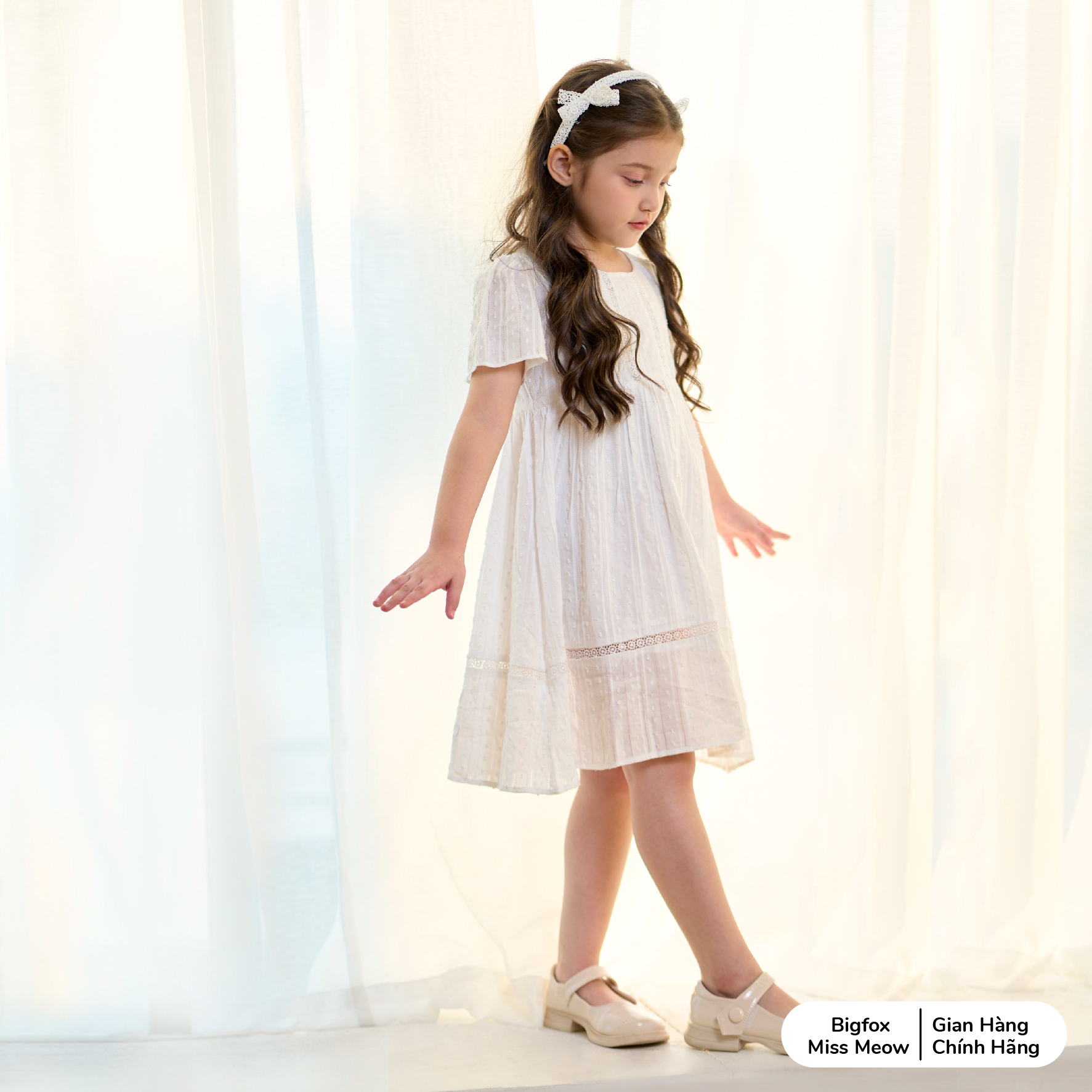 Váy đầm trắng ngắn tay cho bé gái Bigfox Miss Meow size đại mùa hè phối ren kiểu dáng babydoll dễ thương cỡ 3-11  tuổi