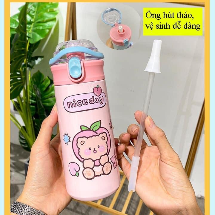 BÌNH NƯỚC GIỮ NHIỆT 500ML INOX 304 KHÔNG GỈ CÓ QUAI XÁCH DỄ THƯƠNG ĐÁNG YÊU TÍCH HỢP ỐNG HÚT GIỮ NHIỆT NÓNG LẠNH ĐẾN 12H