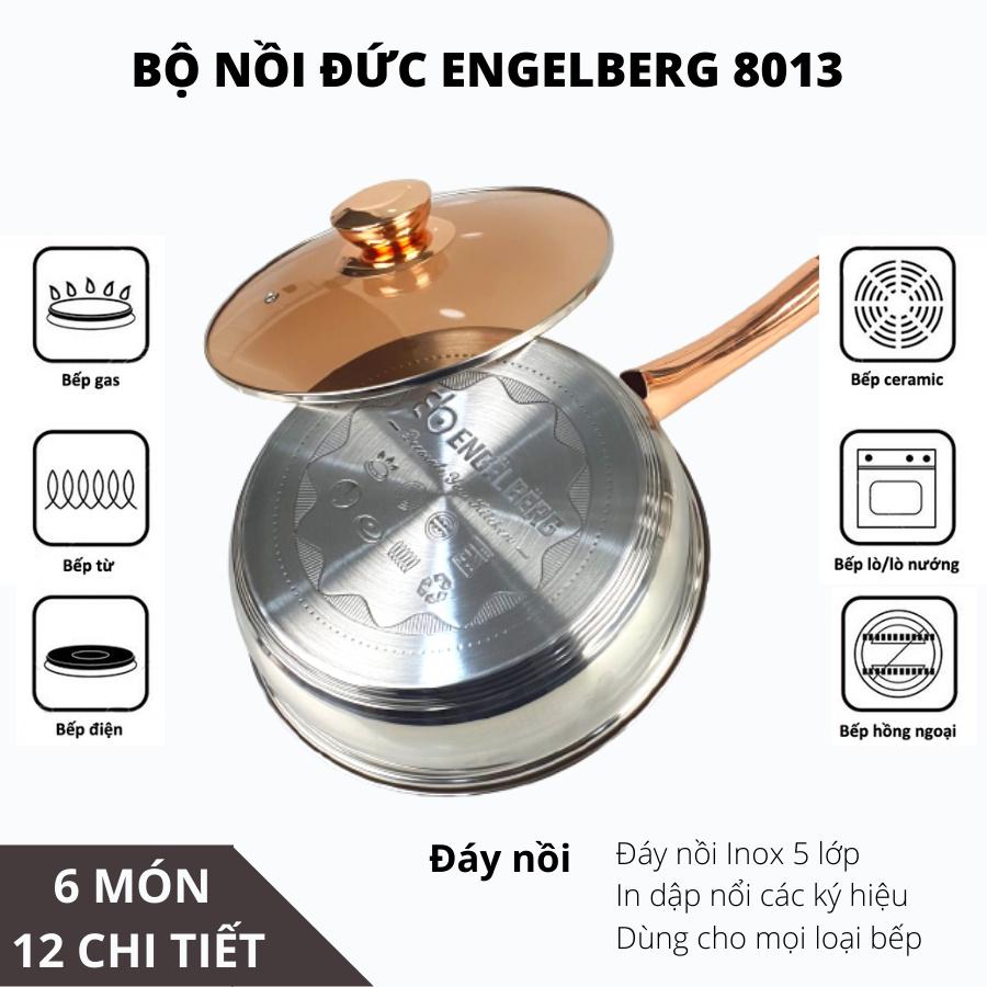 Bộ nồi Đức ENGELBERG bộ nồi Đức 6 món 12 chi tiết, đáy INOX 5 lớp, nắp vung kính