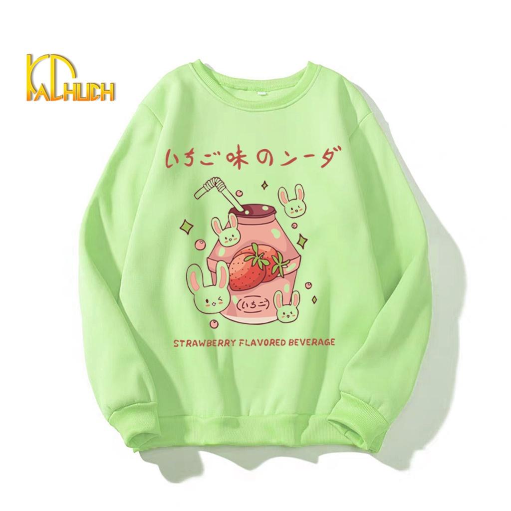ÁO SWEATER NỈ NỮ IN STRAWBERY FLAVORED BEVERAGE KÈM CLIP THẬT ĐỦ SIZE M L XL