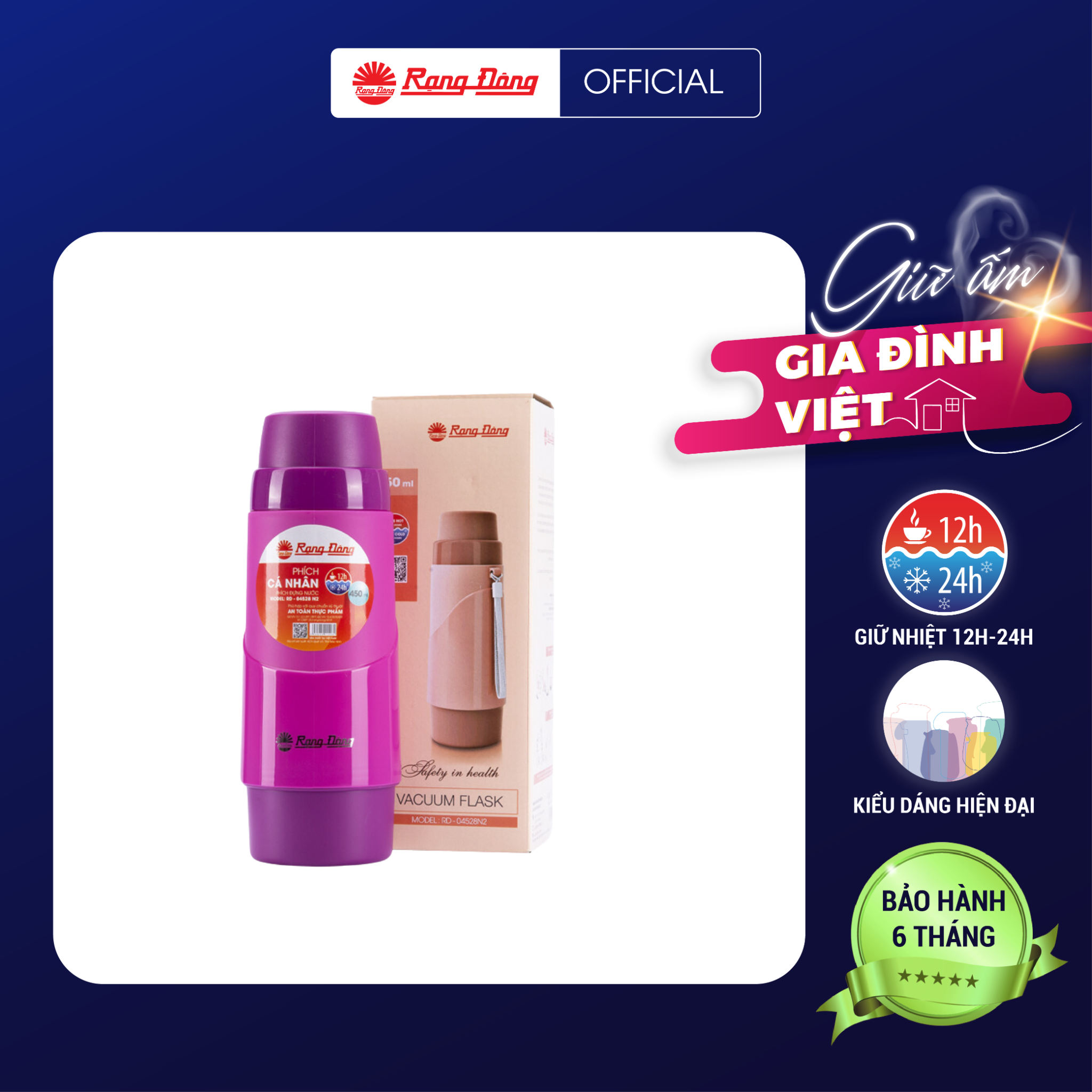 Phích Giữ Nhiệt Rạng Đông 0.45L Giữ Nóng Giữ Lanh Rd 04528 N2 - Ngẫu Nhiên