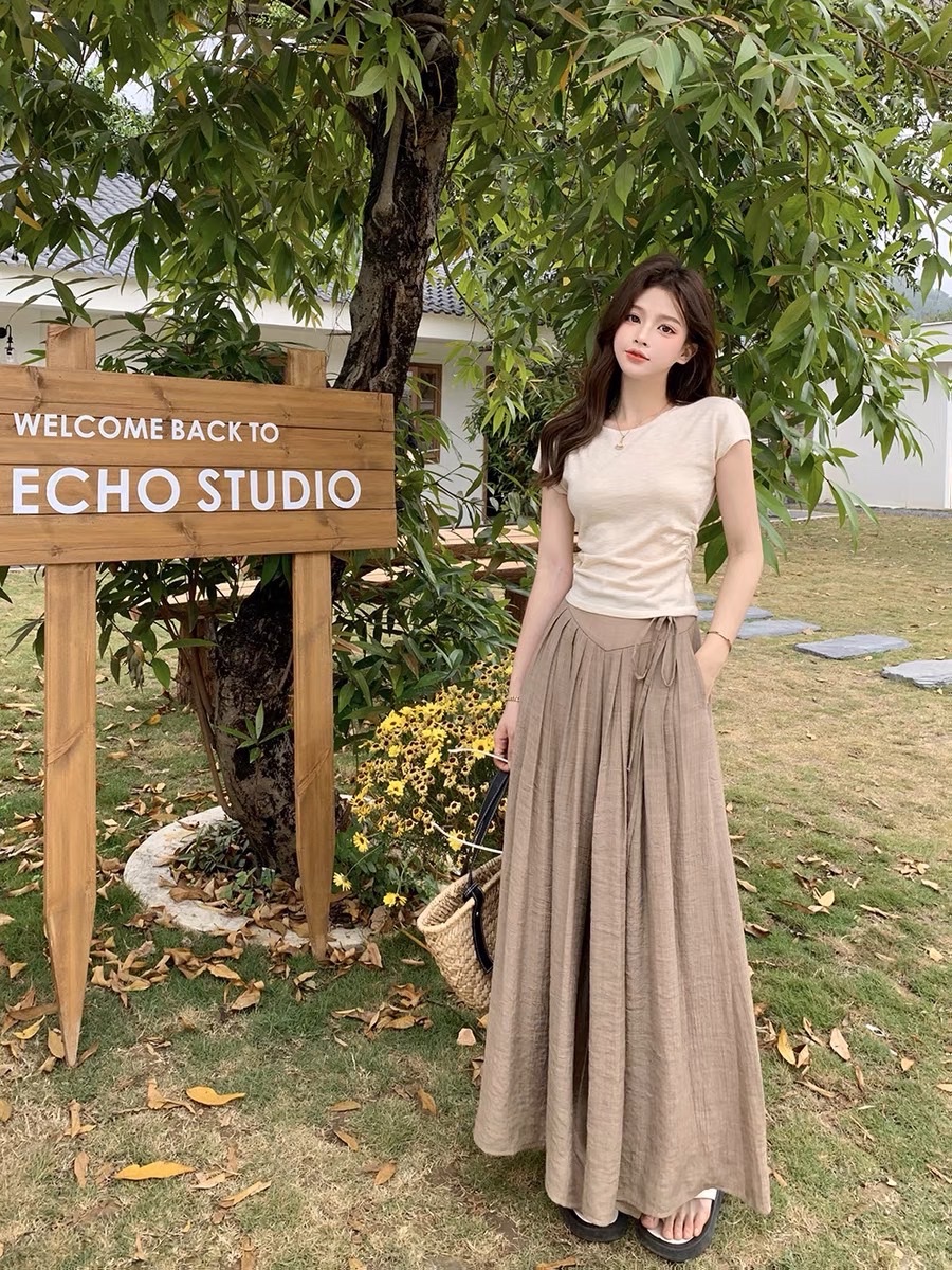SET QUẦN ỐNG RỘNG GIẢ VÁY MIDI XẾP LY DÂY RÚT LƯNG THUN CAO MAXI + ÁO THUN 3 LỖ PASTEL ĐI TIỆC DẠO PHỐ ĐI CHƠI ĐI BIỂN