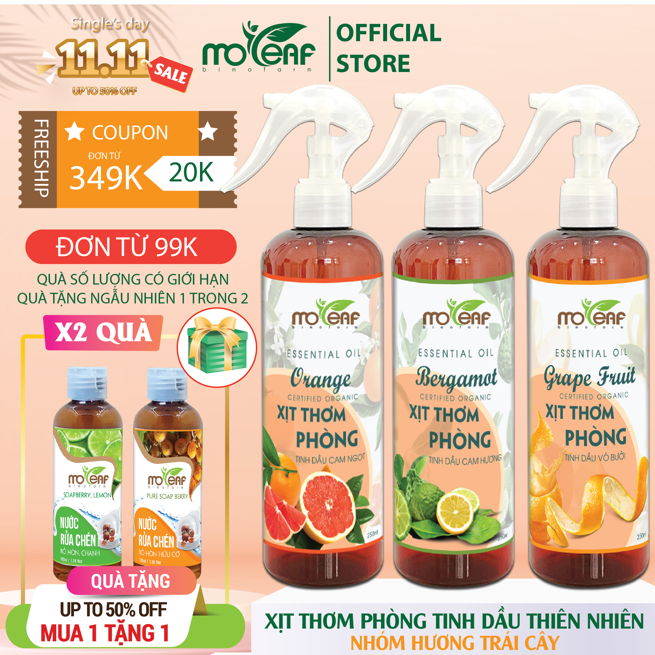 XỊT THƠM PHÒNG Moleaf [Hương Trái Cây] Tinh Dầu Cam ngọt, Cam Hương, Chanh Tươi, Vỏ Bưởi, Cà Phê, Dứa Khử mùi thơm mát lọc không khí Đuổi Muỗi &amp; Côn trùng 250ml