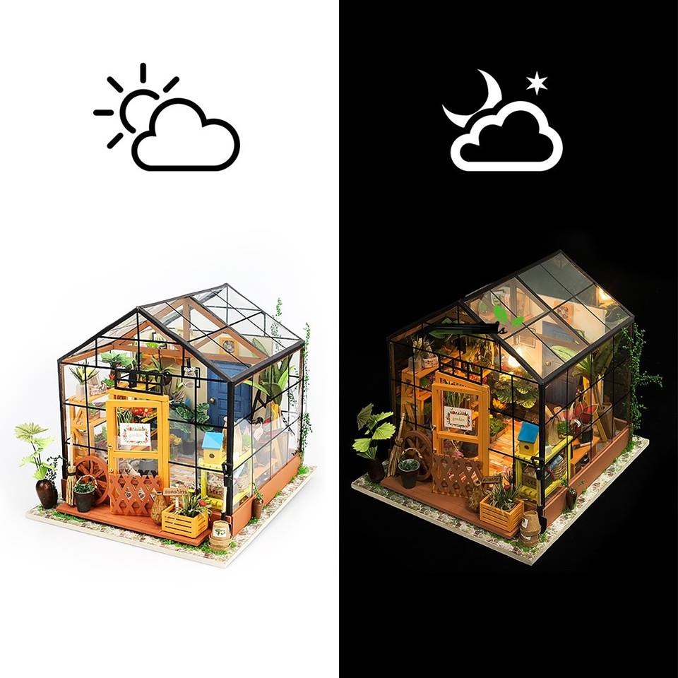 Đồ chơi lắp ráp gỗ 3D Mô hình DIY Doll House Kit Cathy is Flower House kèm đèn LED