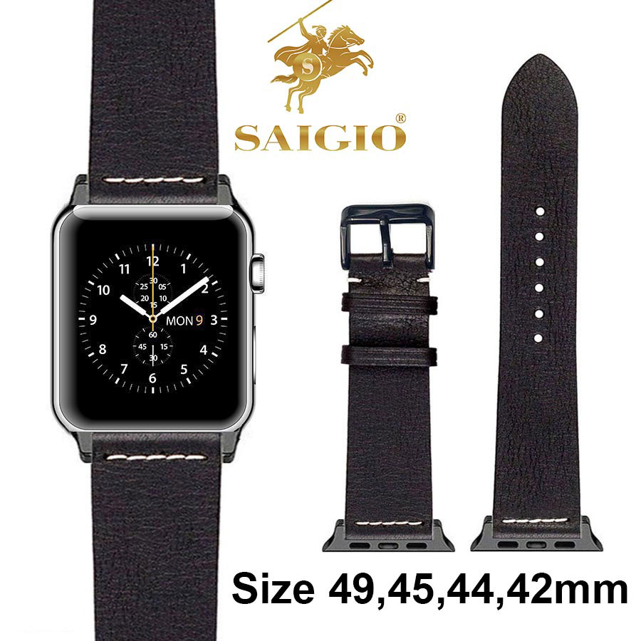 Dây Da Apple Watch 49mm 45mm 44mm 42mm, Chất Liệu Da Bò Cao Cấp, Phong Cách Vintage Thread Hoài Cổ, Đơn Giản Và Tinh Tế, Tương Thích Các Phiên Bản Series Ultra2/Ultra/SE2/SE/9/8/7/6/5/4/3/2/1 - Hàng Chính Hãng SAIGIO