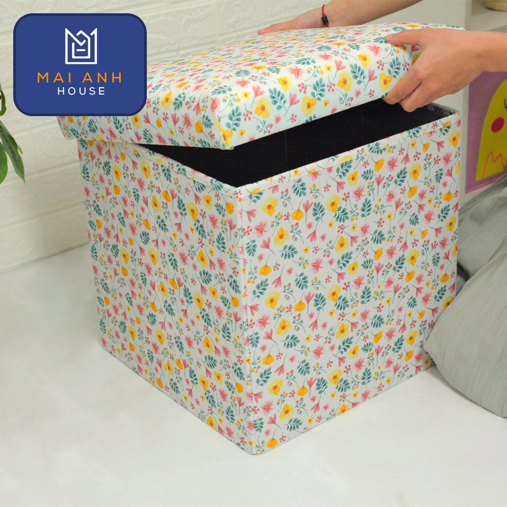 Hộp đôn ghế ngồi Mai Anh House cá tính, dịu dàng - ghế đôn đa năng vuông chất liệu vải Oxfort cao cấp, thân gỗ MDF cứng cáp, mặt nệm êm ái, nội thất thông minh ghế đôn xếp gọn phong cách Thụy Điển màu rằn ri cá tính, hoa cỏ dịu dàng