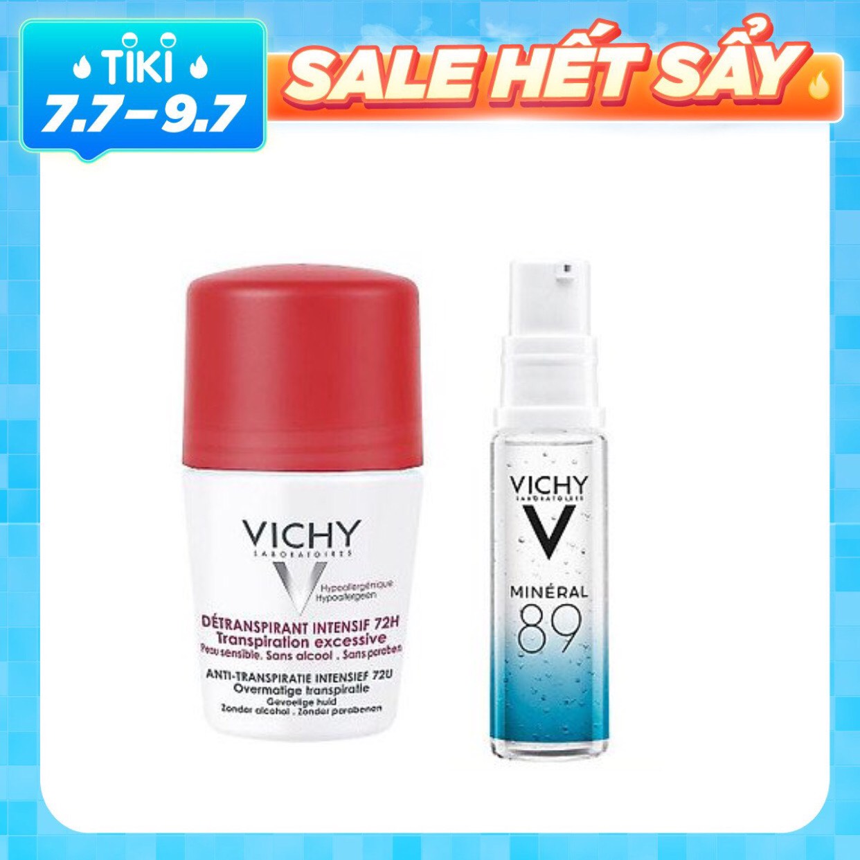 Combo Lăn Khử Mùi Giúp Khô Thoáng Vùng Da Dưới Cánh Tay 72h Vichy Detransprirant Intensif 72h Transpiration Excessive + Dưỡng Chất khoáng Cô Đặc M89 10ml