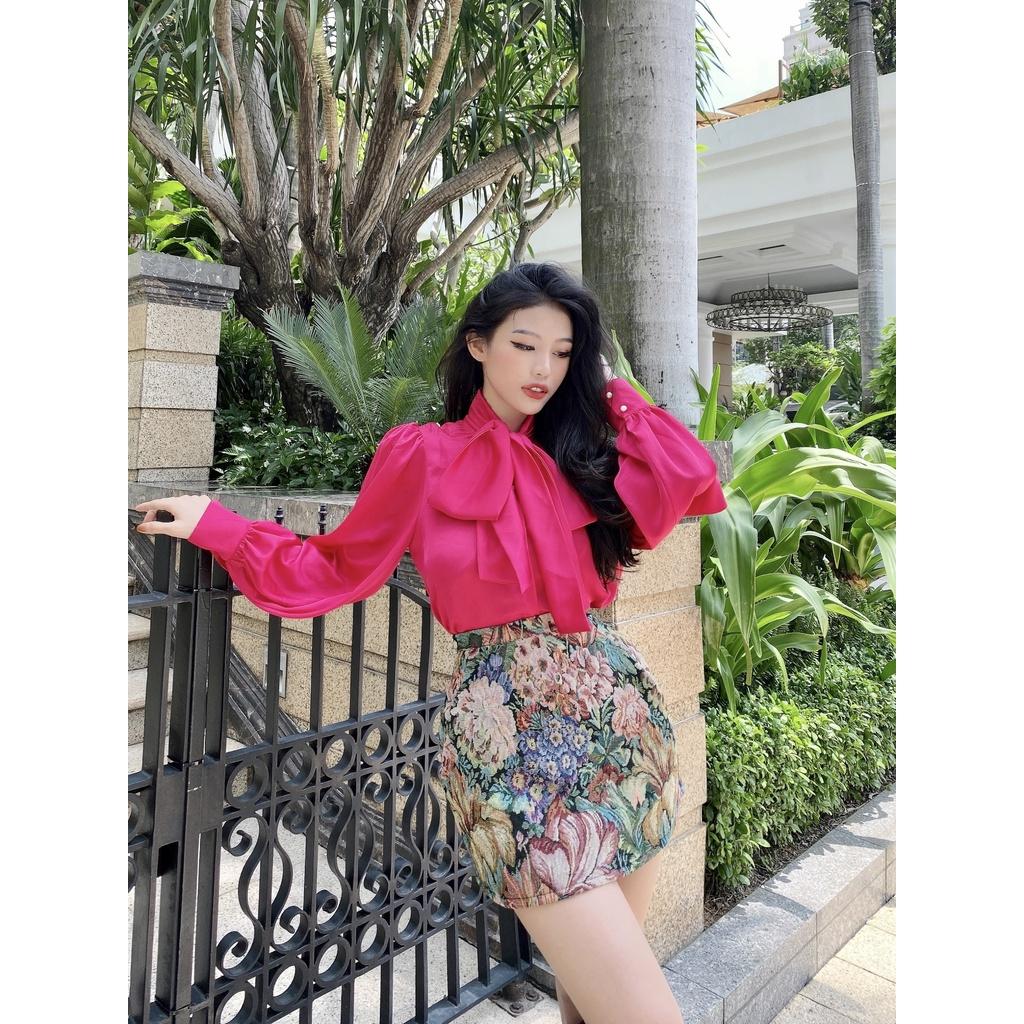 Áo sơ mi tay bồng cổ buộc nơ màu hồng trendy- Clara top