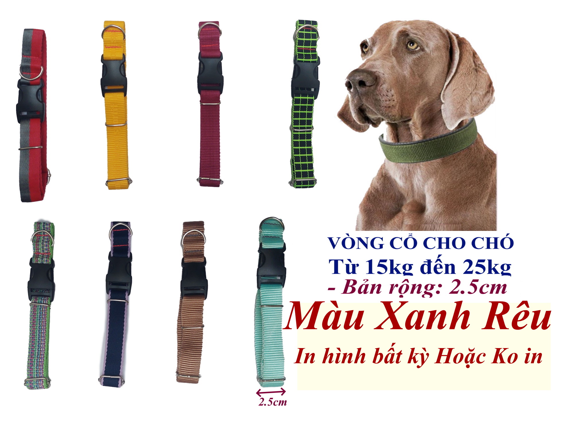 Vòng cổ cho Chó từ 15kg đến 25kg Bản rộng 2.5cm Chất liệu dù cao cấp, Dày, Chắc chắn, An toàn cho thú cưng, SX tại VN