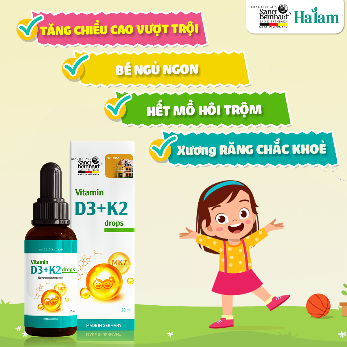 Vitamin D3 K2 MK7 Drops Sanct Bernhard tăng chiều cao, bổ sung canxi giúp xương răng chắc khỏe, bé ngủ ngon (Hộp 10ml)