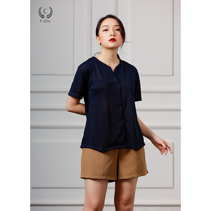 Áo thun nữ Callia cổ V đắp Hami Blue
