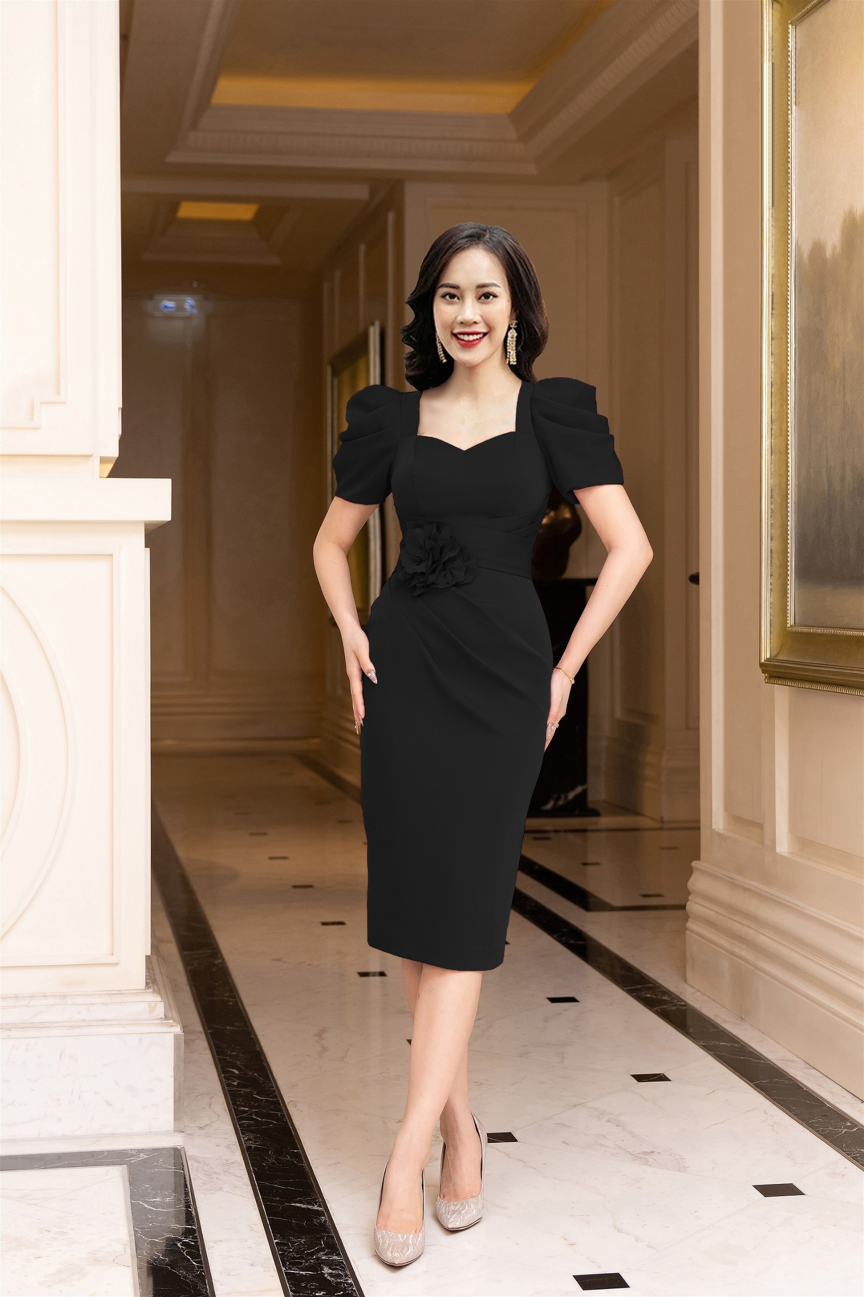 Đầm Ôm Body Cổ Vuông Tùng Xếp Ly Bông Eo