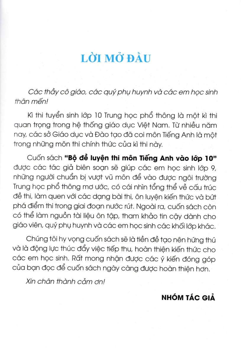 Bộ Đề Luyện Thi Môn Tiếng Anh Vào Lớp 10 - Có Đáp Án _MT
