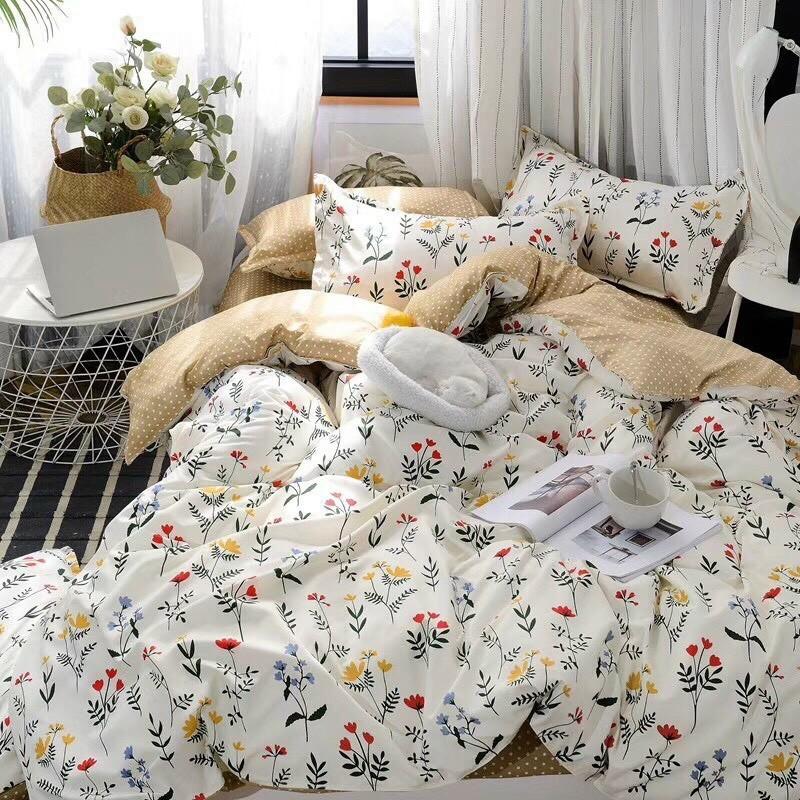 Bộ Chăn Ga Gối Cotton Poly Hoa Nhí Ga Nâu