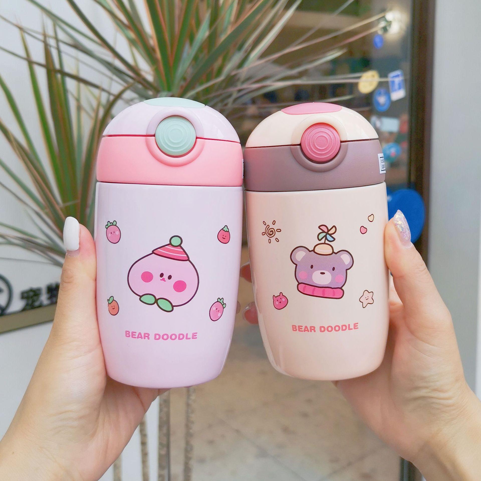 Mini 280ML Bình Giữ Nhiệt Cốc Hoạt Hình Dễ Thương Bình Uống Nước Có Ống Hút 304 Bình Giữ Nhiệt Chân Không Thép Không Gỉ Cup Dành Cho Trẻ Em