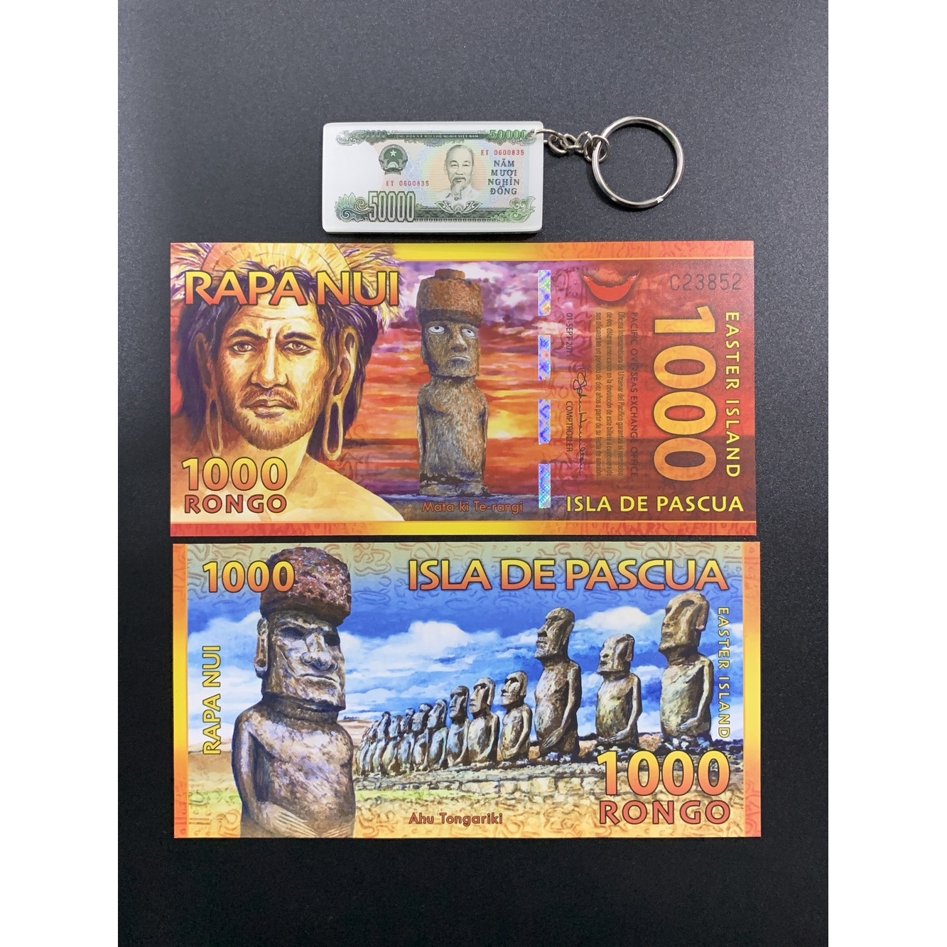 [Kèm móc khóa tiền xưa] Tờ tiền lưu niệm 1000 Rongo polyme đảo Phục Sinh sưu tầm