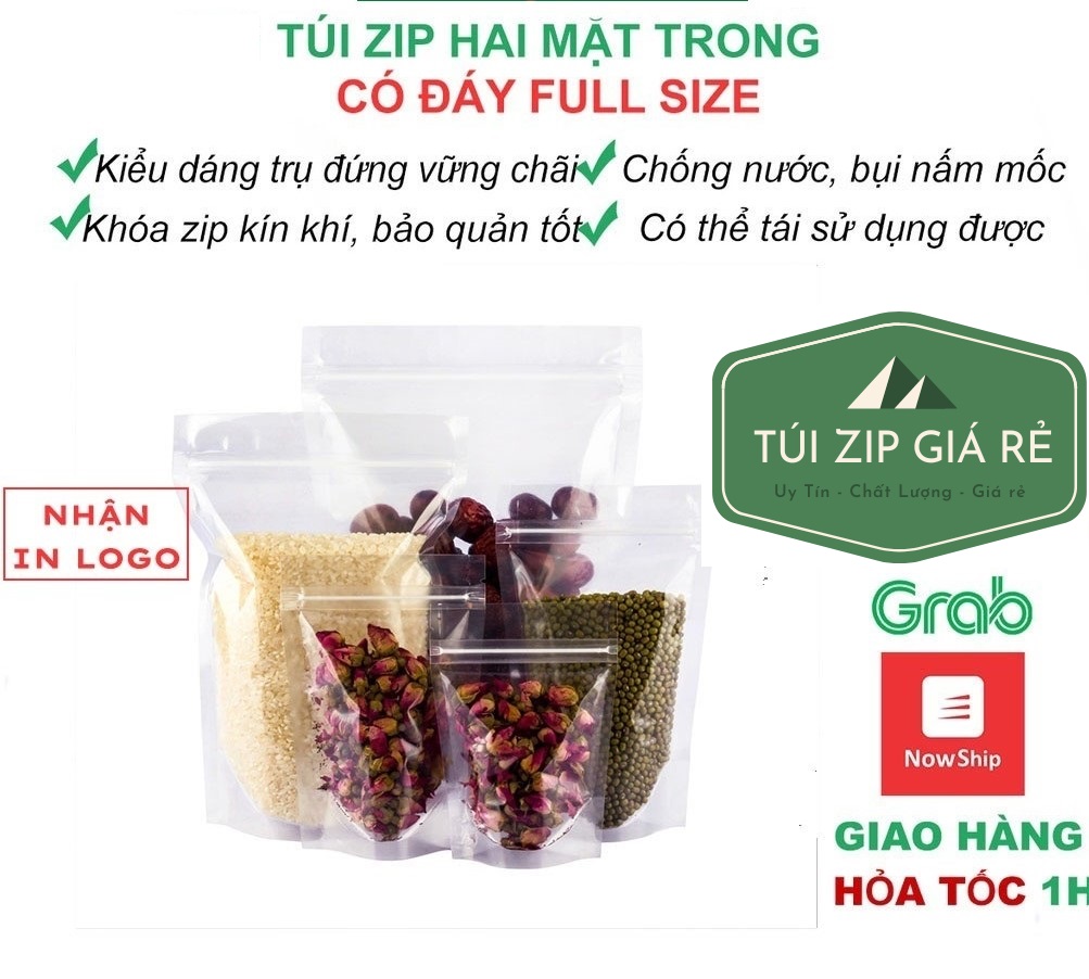 Túi zip trong suốt, túi đựng thực phẩm đáy đứng 2 mặt trong đựng thực phẩm đồ khô  đa năng tiện dụng