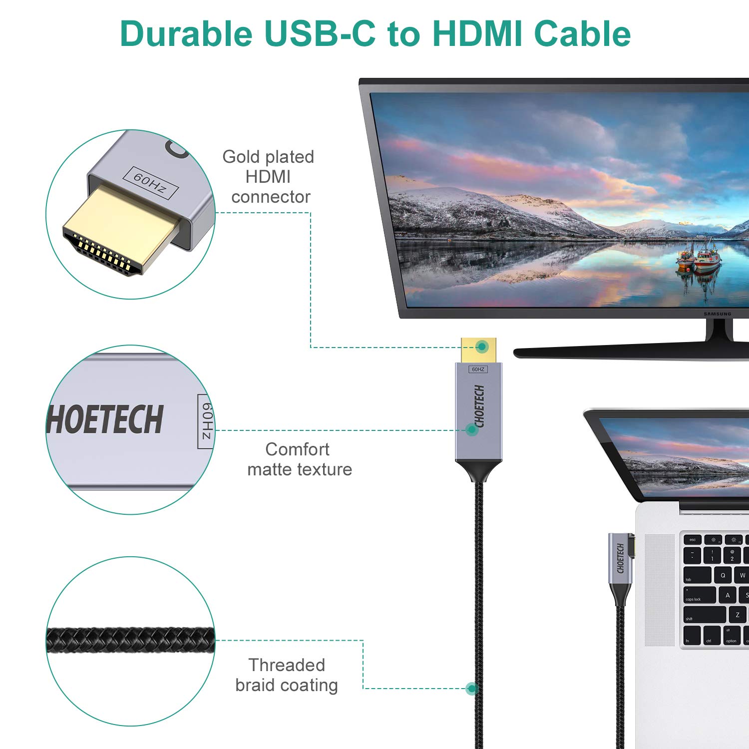 Dây cáp chuyển PD Type-C 3.1 ra cổng HDMI chuẩn 4K hiệu CHOETECH XCH1803 cho điện thoại Macbook Table Tốc độ ổn định 10Gbps 60Hz dài 180CM - Hàng chính hãng