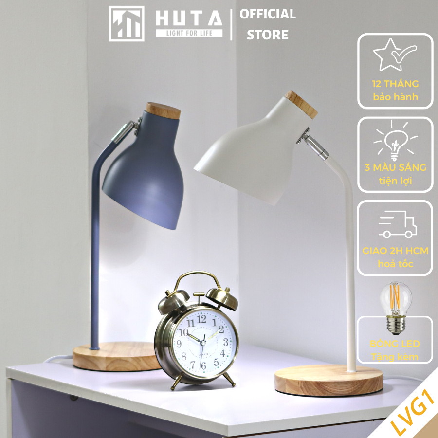 Đèn Học Để Bàn Đế Gỗ HUTA LVG1 Chống Cận, Vintage, Decor Trang Trí Bàn Học Bàn Làm Việc, Bóng Đèn Led Đổi Màu Tiết Kiệm Điện