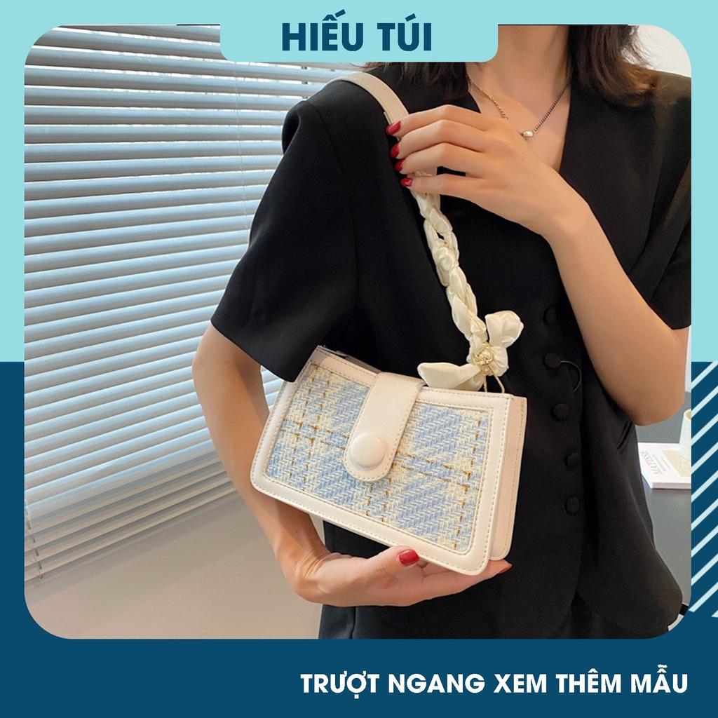 Túi đeo chéo kẹp nách nữ da dạ nút tròn kẻ sọc caro thời trang công sở cao cấp đẹp HT210