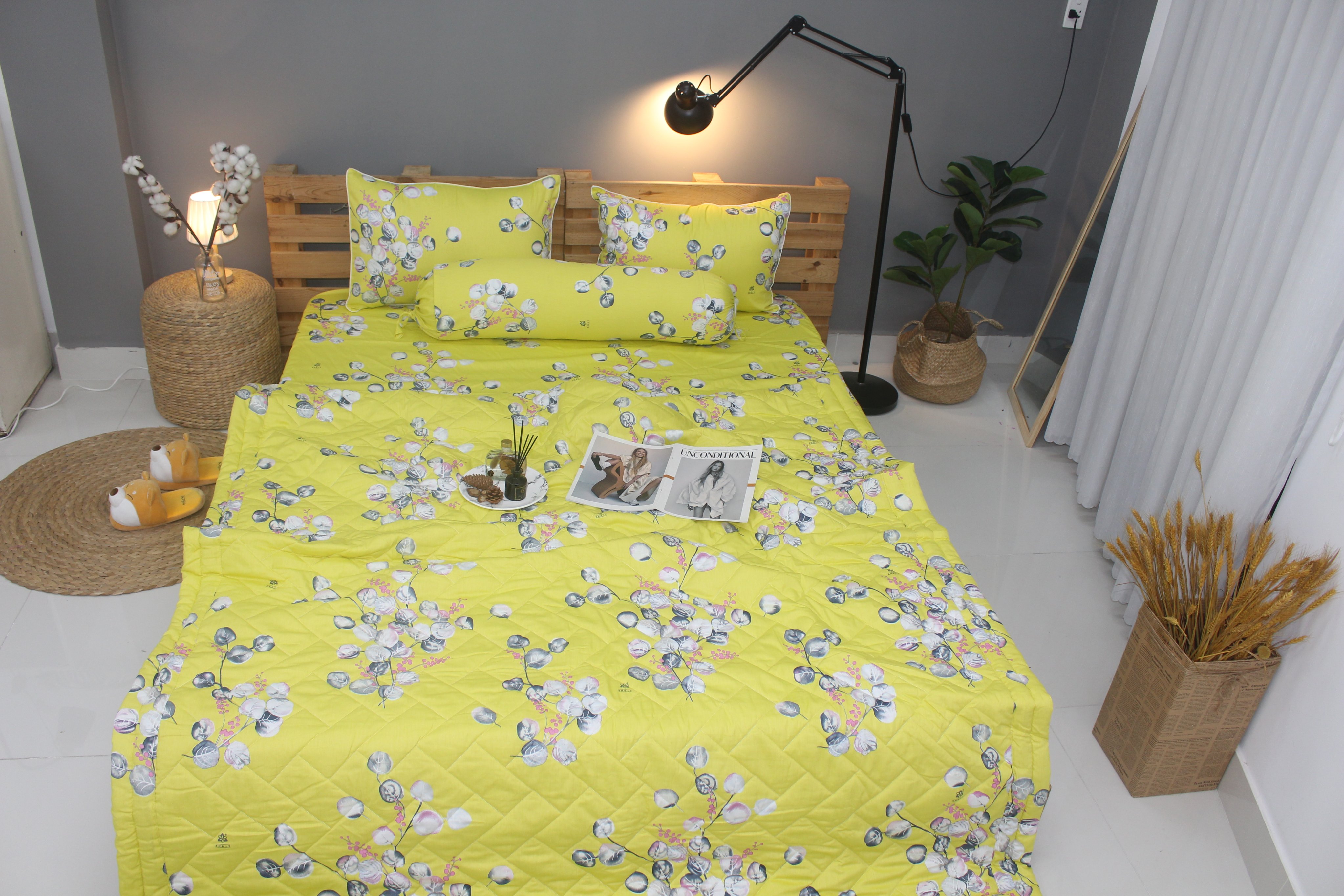 Bộ drap gối KHA LY - 100% cotton thiên nhiên - VN314 Lá Tròn Vàng Vải dày dặn mát mẻ siêu thấm mồ hôi