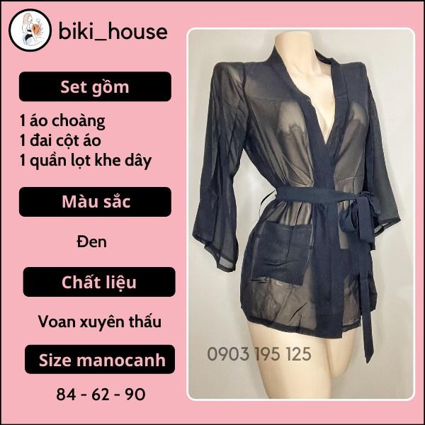 Áo choàng ngủ sexy voan mỏng phối ren cao cấp set ngủ nữ tay dài kèm chip đen nude gợi cảm BIKI HOUSE N132 - Hỏa Tốc