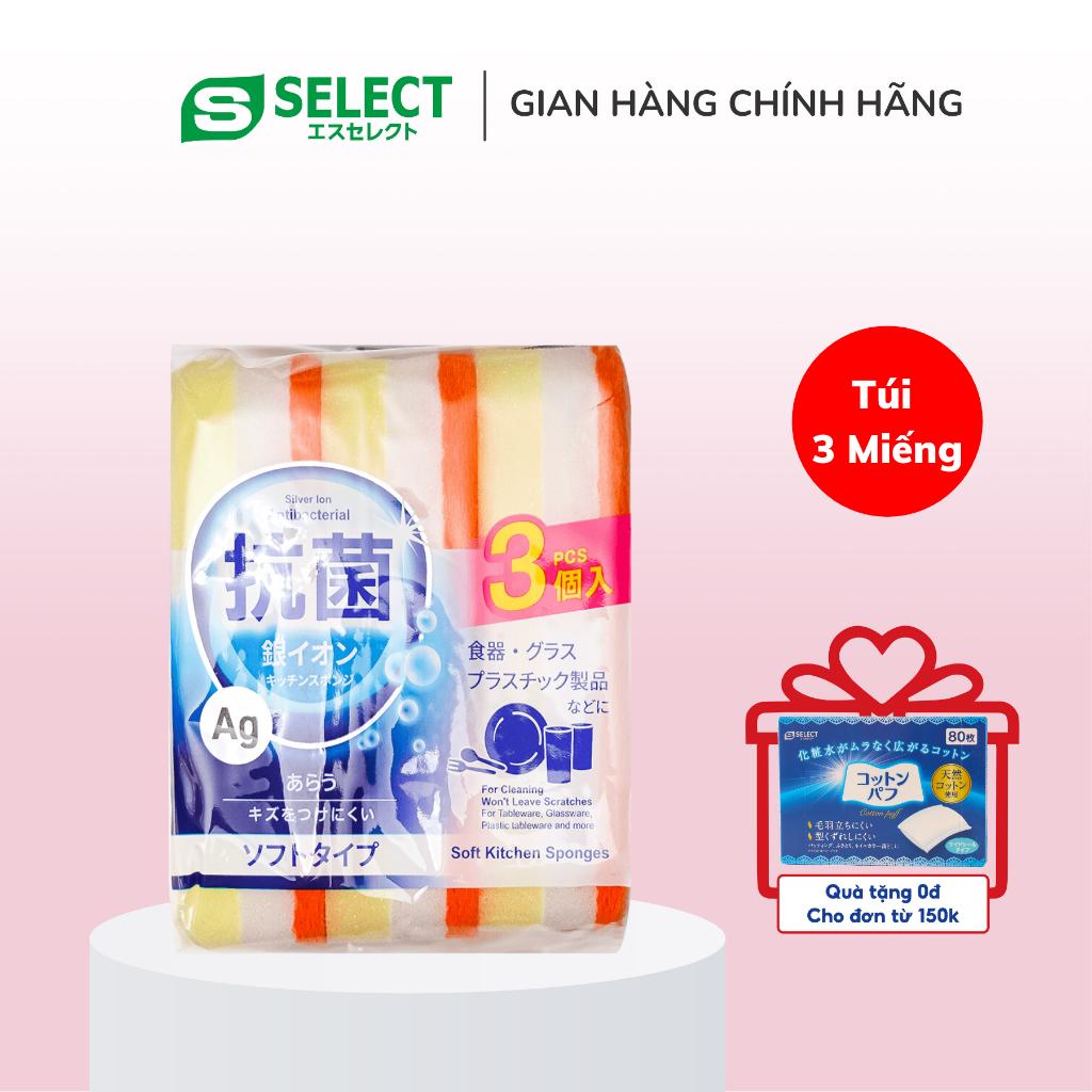 Set 03 Miếng Bọt Biển Rửa Bát Chứa Ion Bạc Kháng Khuẩn Loại Mềm S Select Nhật Bản