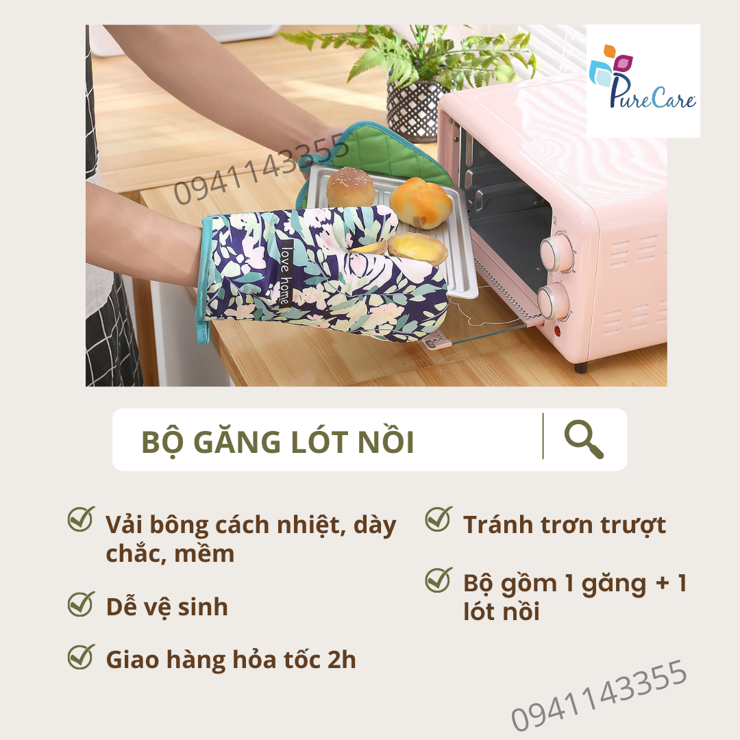 Găng tay bắc nồi, găng tay lò nướng, lò vi sóng - Bộ 1 găng + 1 lót nồi