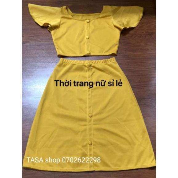 TSL-ảnh video thật, set áo croptop cổ vuông tay bèo kèm chân váy chữ a dài đính nút màu vàng chanh cực xinh TASA