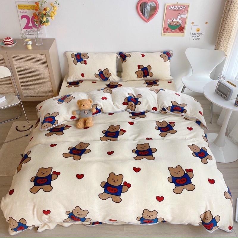 Bộ Chăn Ga Gối Nỉ Nhung Sữa Hàng Nhập Khẩu Cao Cấp 4 Món 4 Màu Ngộ Nghĩnh
