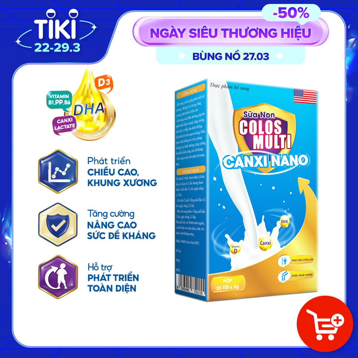 Colosmulti Canxi Nano hộp 20 gói x 3g hỗ trợ chắc khỏe xương, phát triển chiều cao cho bé