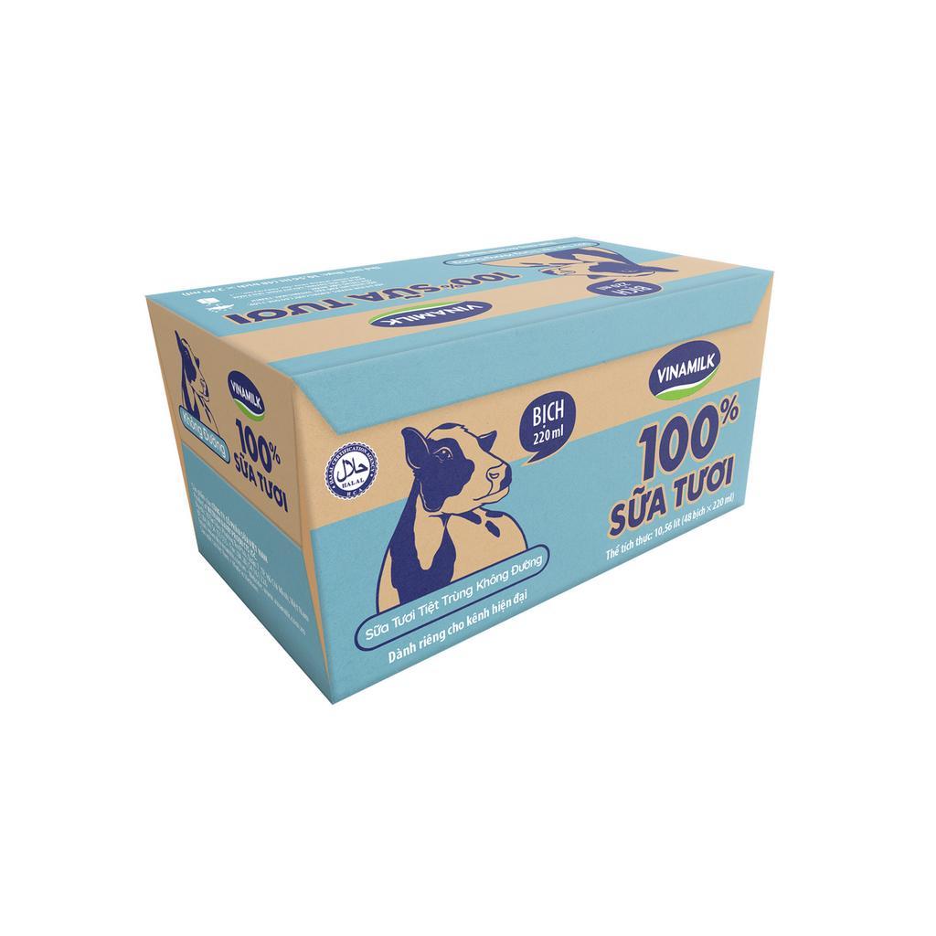 Sữa tươi tiệt trùng không đường Vinamilk 100% Sữa tươi - Thùng 48 bịch 220ml