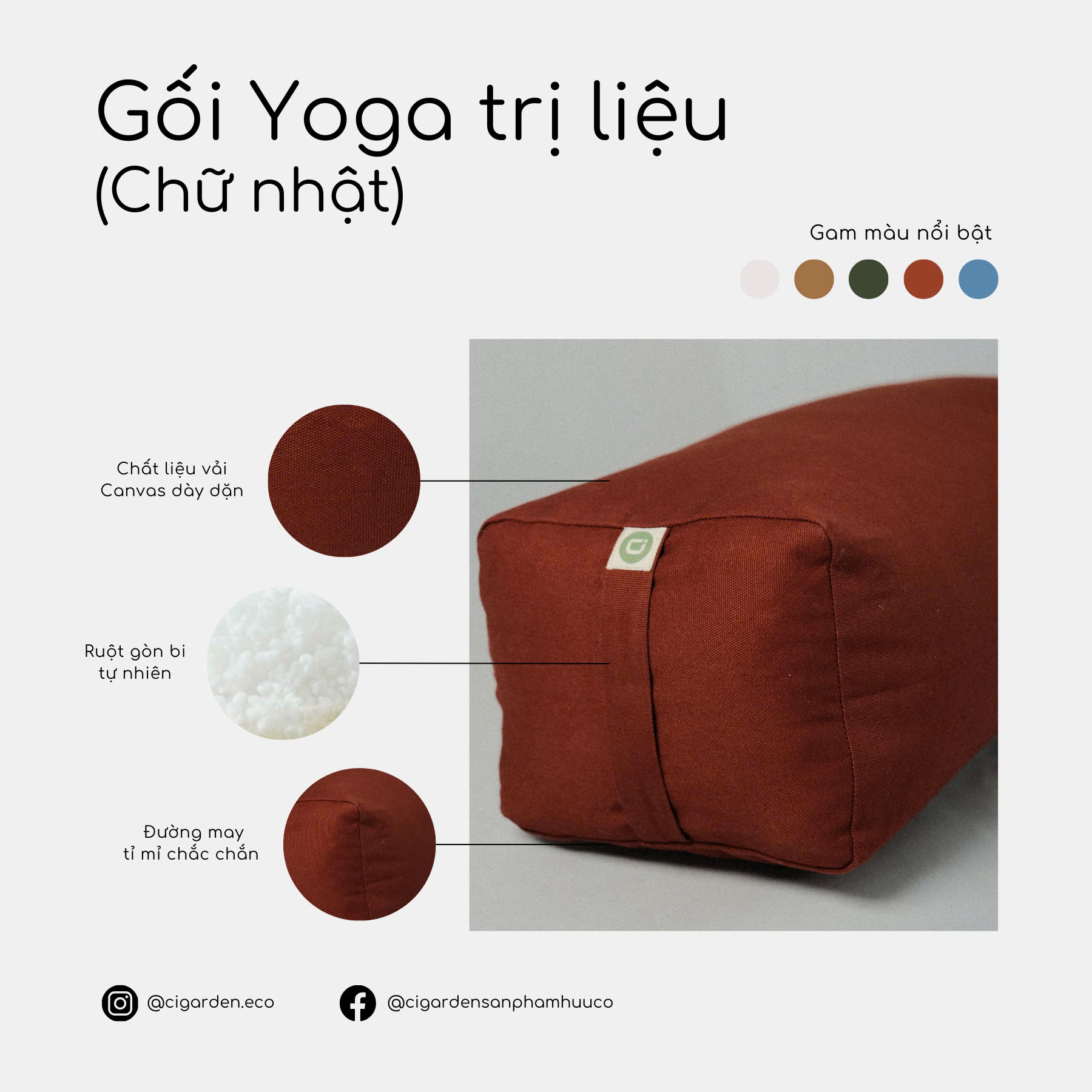 GỐI YOGA TRỊ LIỆU CAO CẤP- CHỮ NHẬT - VỎ VẢI CANVAS - RUỘT BÔNG GÒN TỰ NHIÊN - Ci Garden